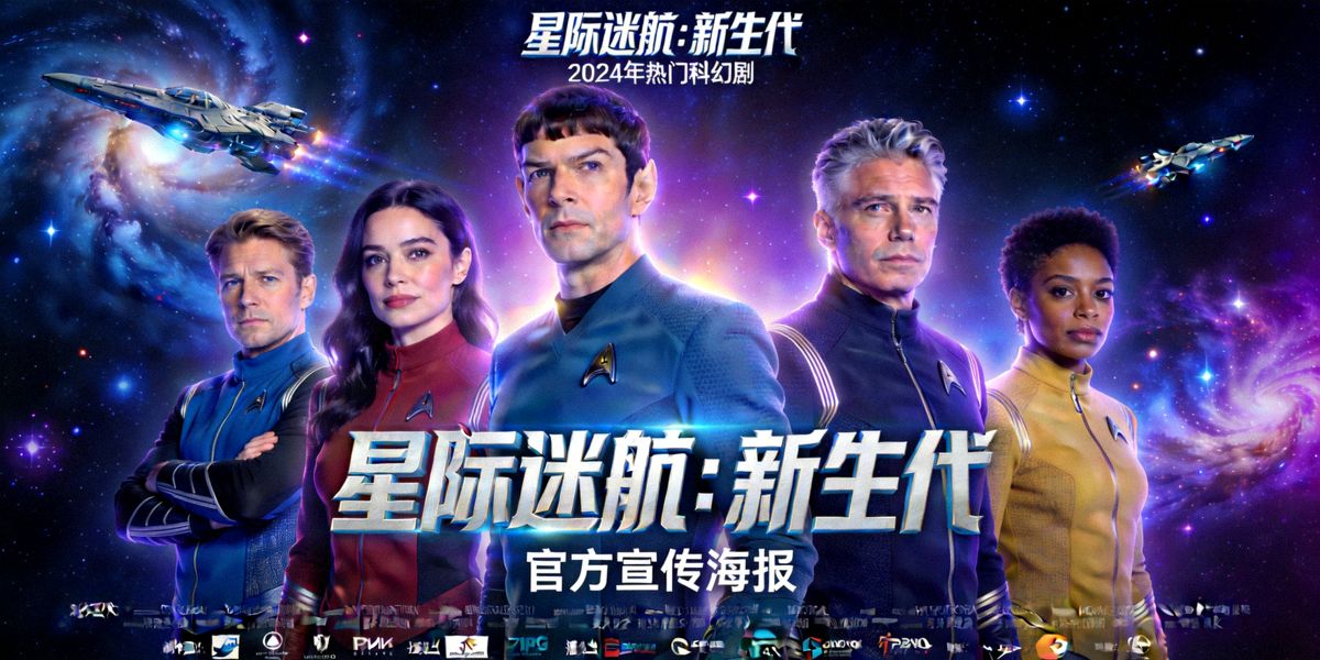 2024年热门科幻剧《星际迷航：新生代》官方宣传海报，展示主角团队在星空背景下的形象